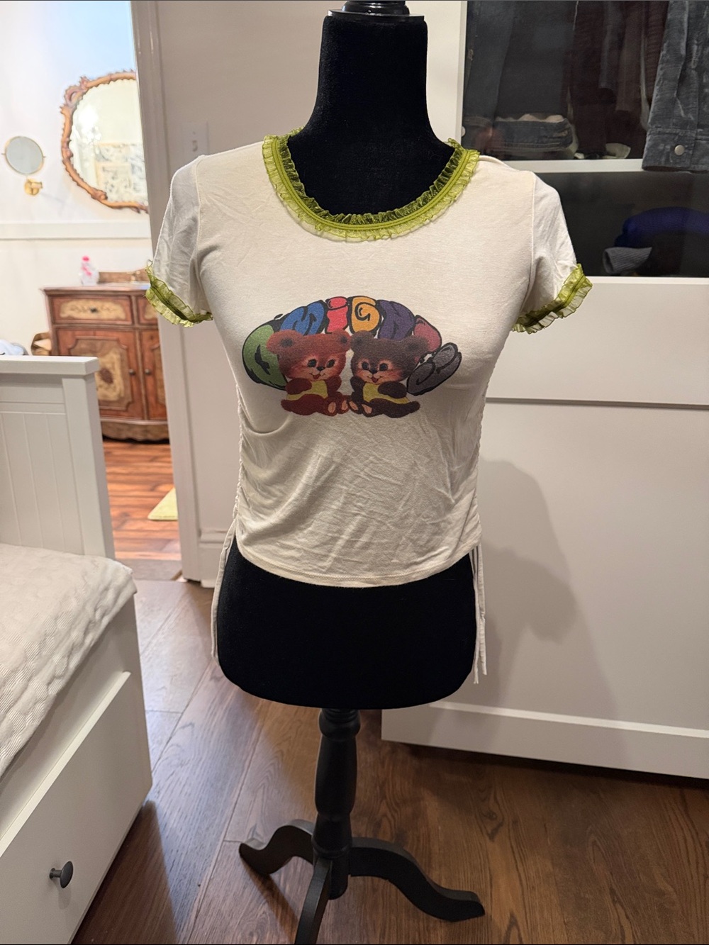omighty Ivory Graphic Ruffle-Trim Crop Tee with Lime-Green Accents